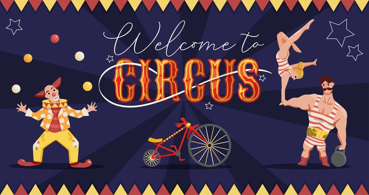 Circus horizontal composition with ornate text and colourful images human characters of performers with star signs vector illustration