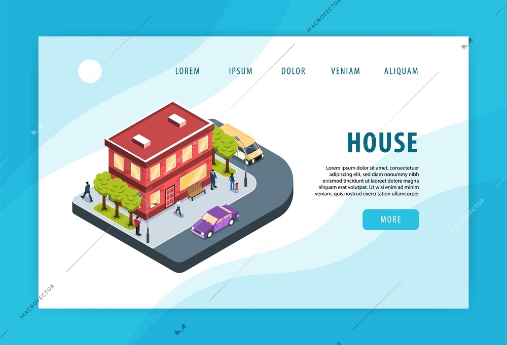 Modern city residential area house building adjacent street corner traffic environment concept isometric web page   vector illustration