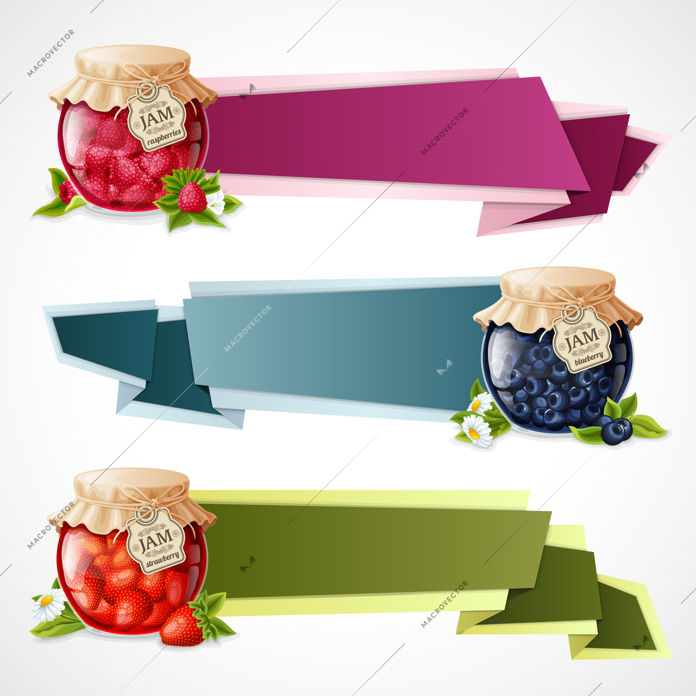 Natural organic berry dessert jam in glass jar horizontal origami paper banners set isolated vector illustration