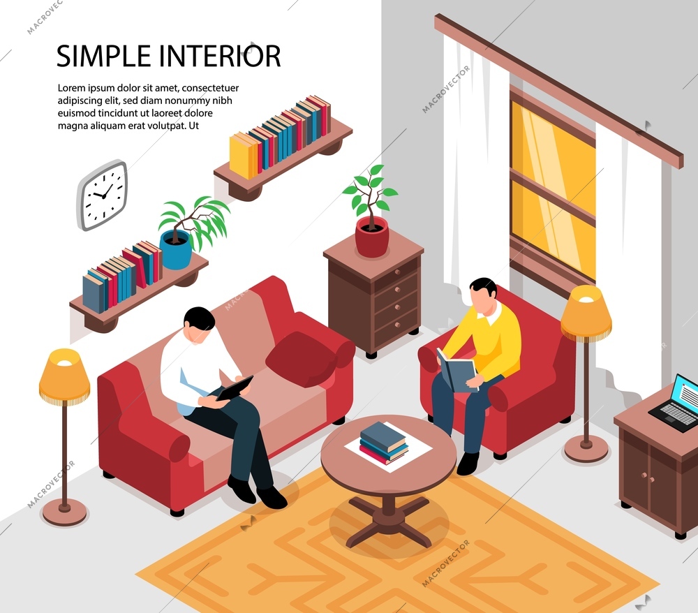 Simple cozy apartment room interior design with sofa armchair coffee table bookshelves tenants isometric view vector illustration