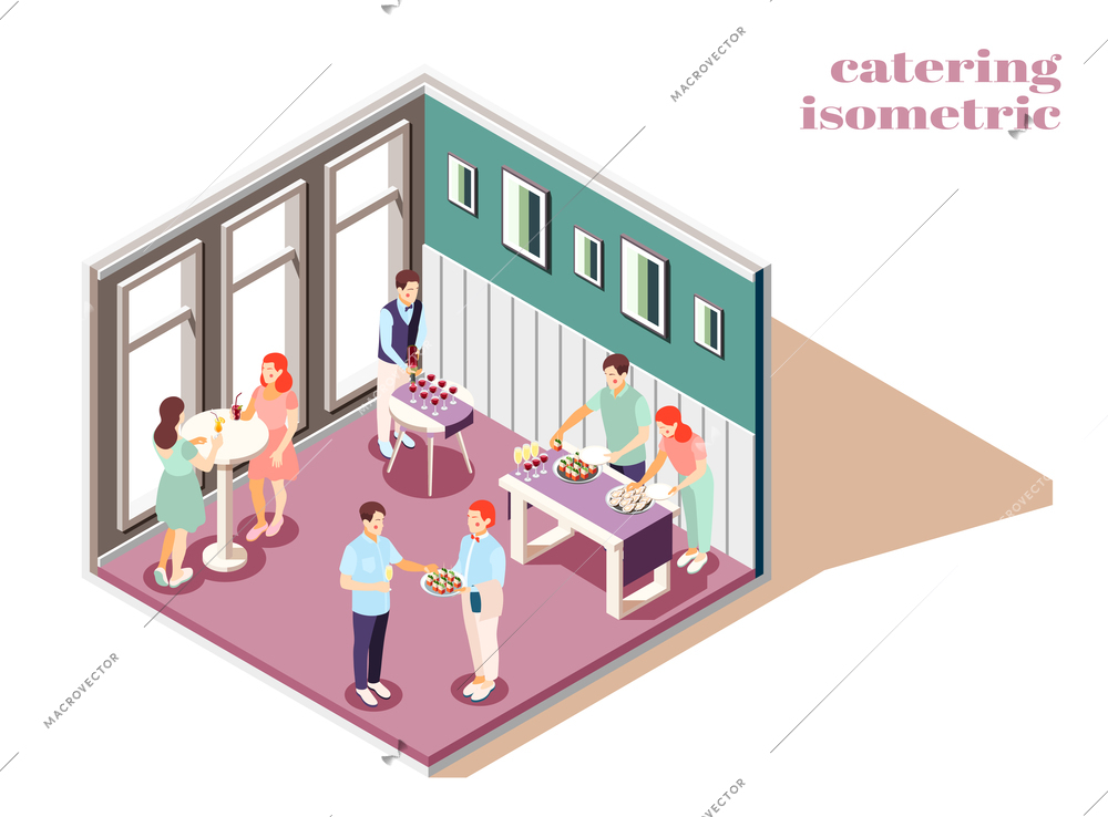 Catering and banquets indoors isometric composition with food and drinks vector illustration