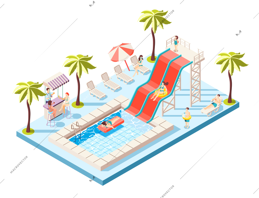 Aquapark isometric composition with water rides and swimming pool vector illustration