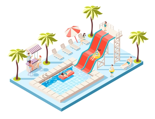 Aquapark isometric composition with water rides and swimming pool vector illustration