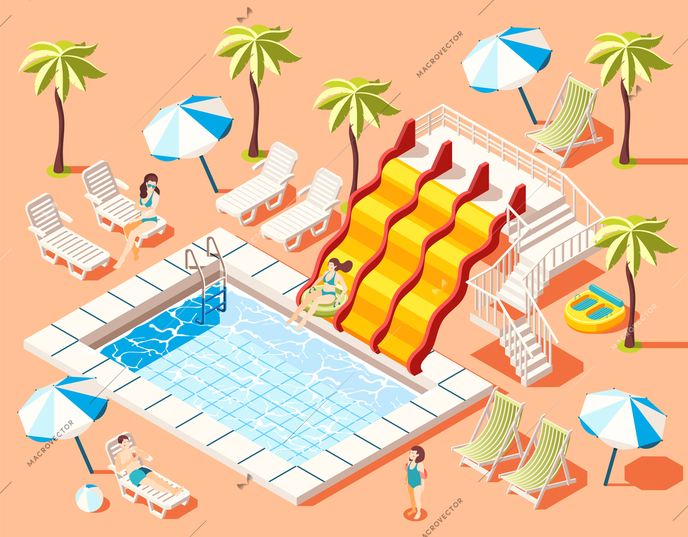 Aquapark isometric background with sunbathing and fun rides symbols  vector illustration