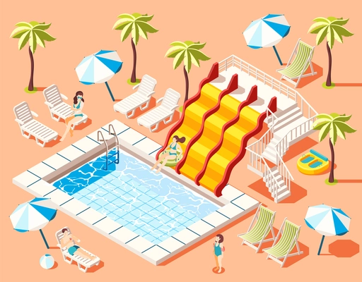 Aquapark isometric background with sunbathing and fun rides symbols  vector illustration