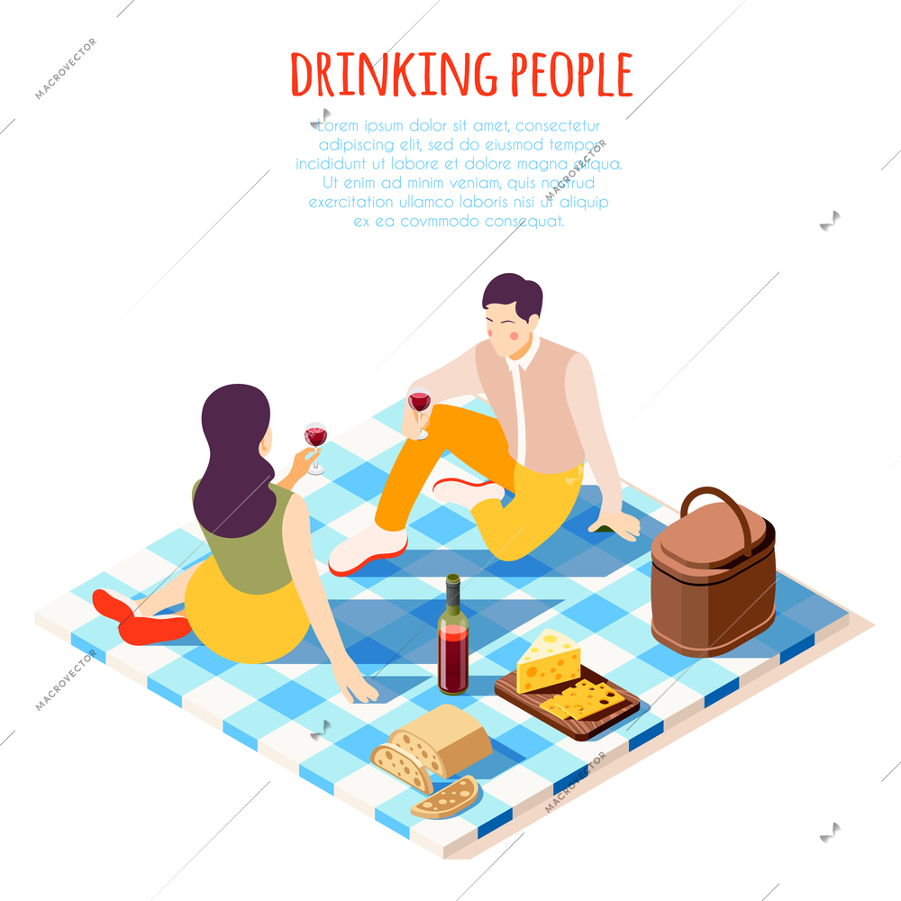 Romantic picnic in park isometric composition with food and drinks vector illustration