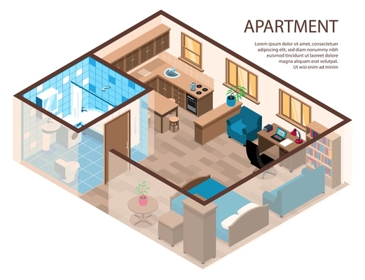 One room apartment efficient design isometric composition with bed corner study area furniture kitchen bathroom vector illustration