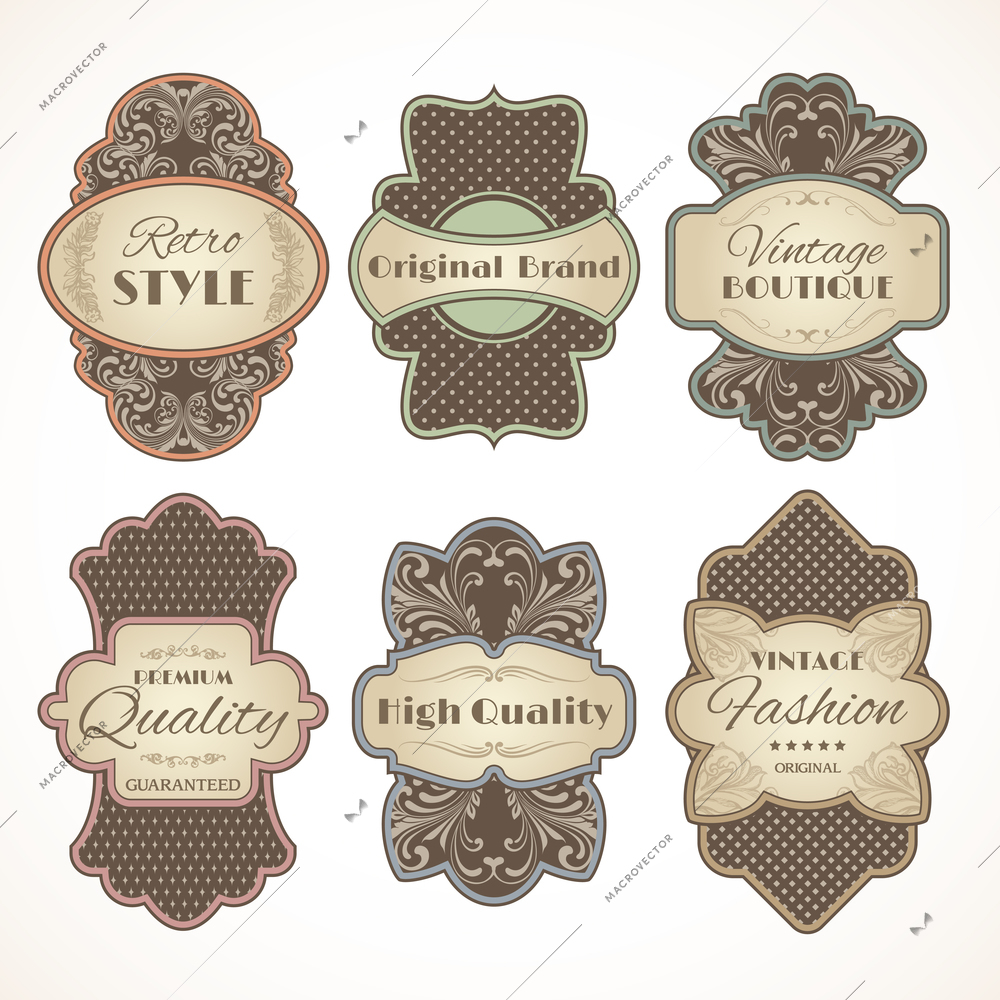 Retro style original brand vintage boutique labels set isolated vector illustration