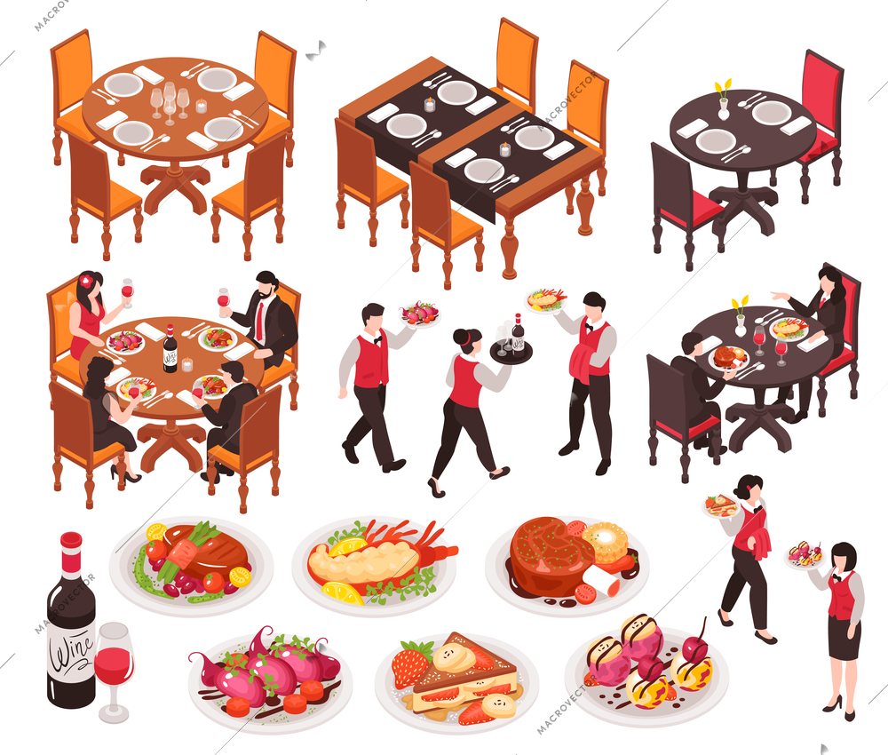 Isometric restaurant set with isolated tables with chairs dishes drinks and faceless human characters of waiters vector illustration