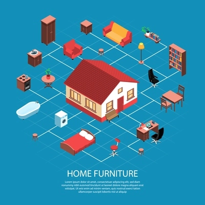 Home interior objects isometric flowchart with house building sanitary furniture washing machine stove floor lamp vector illustration