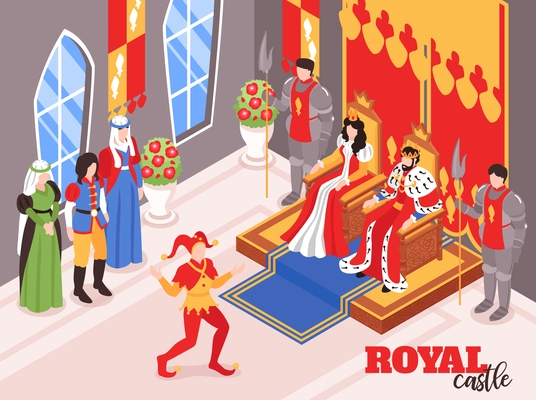 Isometric castle royal king queen interior indoor composition with characters of courtiers and crown bearing persons vector illustration