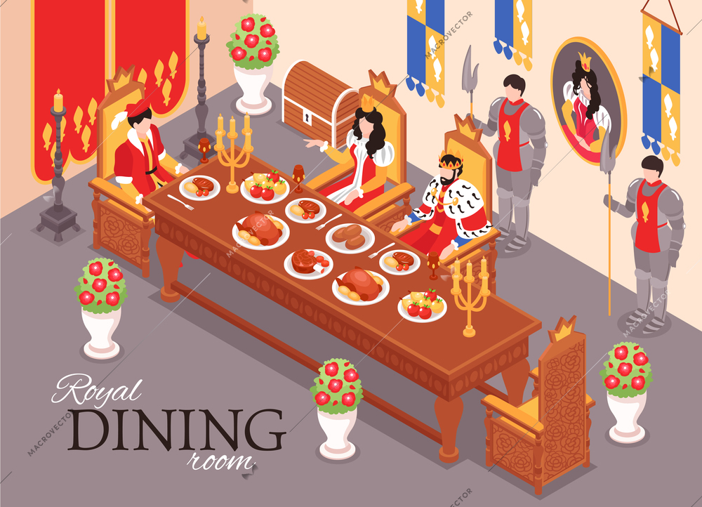Isometric castle royal interior meal composition with text and indoor view of dining room in palace vector illustration