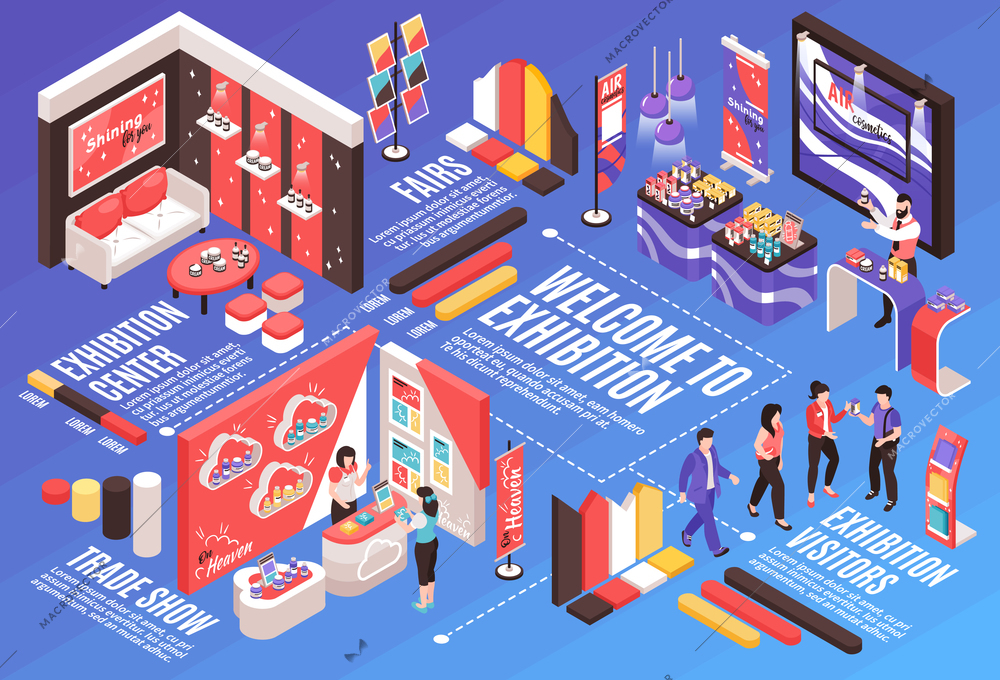 Isometric expo stand horizontal composition with infographic elements text captions dashed lines and exhibition booth design vector illustration