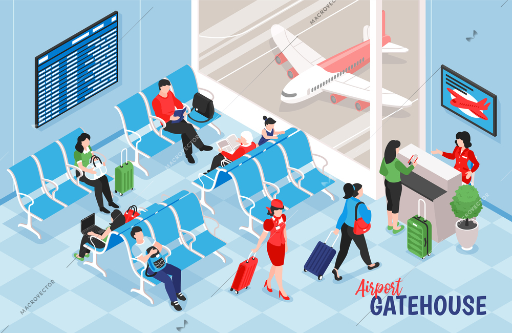 Isometric airport composition with indoor view of lounge near gate with electronic table and airplane images vector illustration