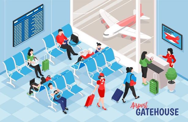 Isometric airport composition with indoor view of lounge near gate with electronic table and airplane images vector illustration