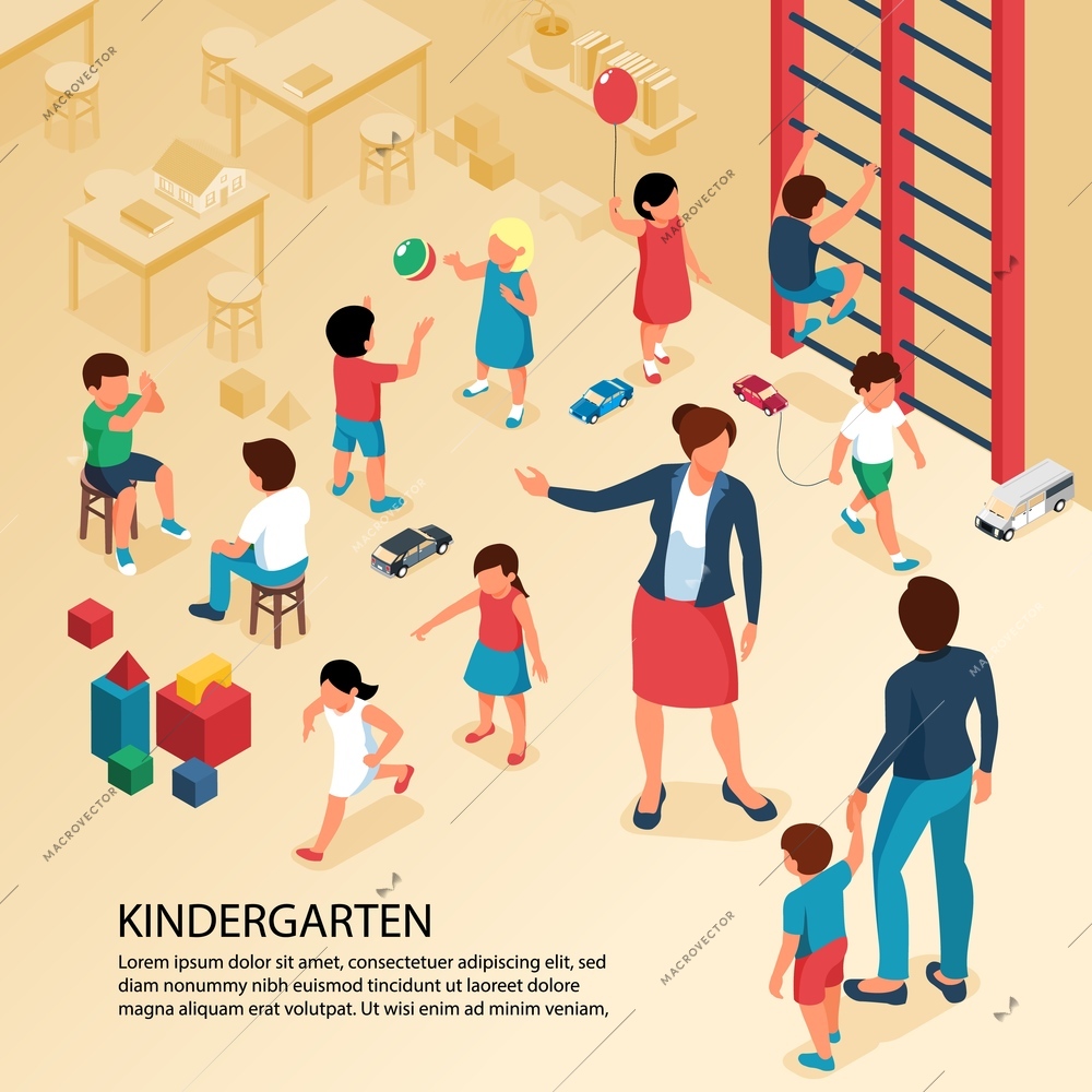 First day kindergarten activities isometric composition with teacher parent with child playing kids poster text vector illustration