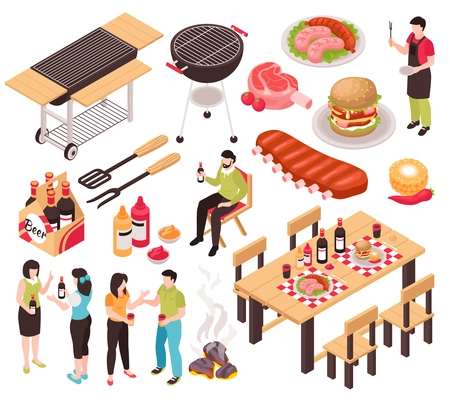 Isometric bbq barbecue grill party set with isolated images of food ingredients tables and human characters vector illustration