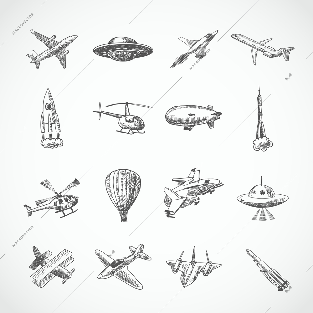 Aircraft helicopter military aviation airplane sketch icons set isolated vector illustration