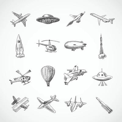 Aircraft helicopter military aviation airplane sketch icons set isolated vector illustration