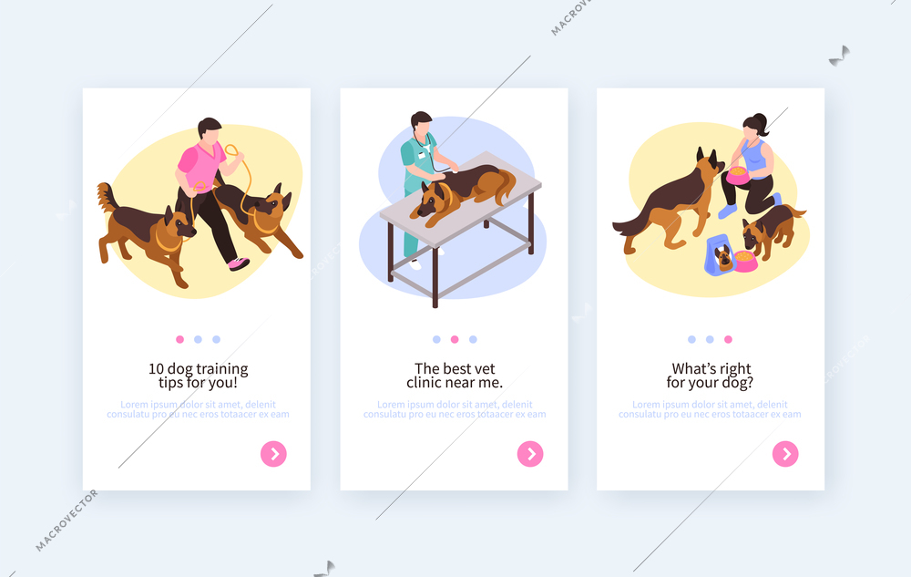 Isometric one day dog vertical banners with switch page buttons editable text animals and human characters vector illustration