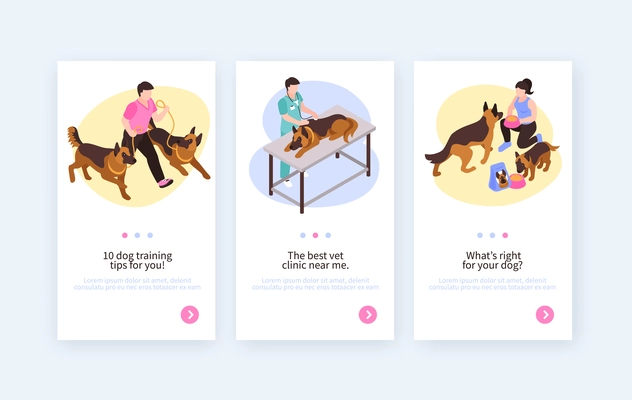 Isometric one day dog vertical banners with switch page buttons editable text animals and human characters vector illustration