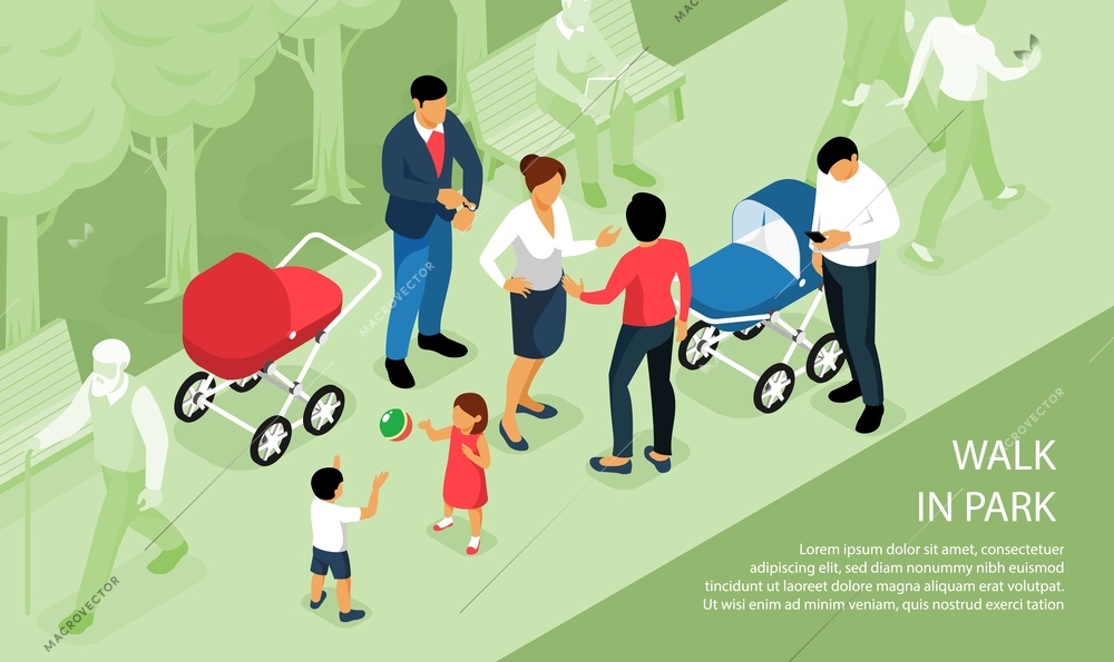 Children playing outdoor walking in park with parents babies napping outside in prams isometric composition vector illustration