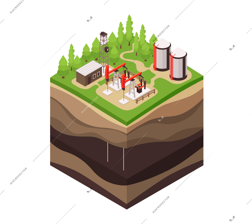 Isometric geology composition with square piece of ground drill rig and profile view of underground layers vector illustration