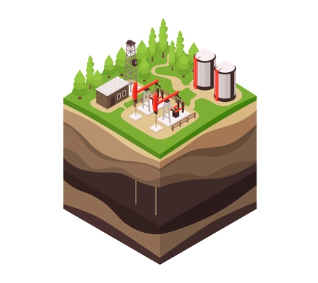 Isometric geology composition with square piece of ground drill rig and profile view of underground layers vector illustration