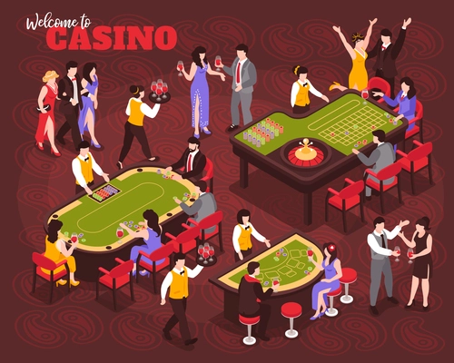 Isometric casino composition with human characters of celebrities and rich people playing roulette with ornate text vector illustration