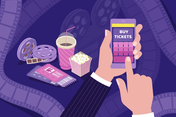 Buying cinema tickets online isometric composition with holding smartphone hand popcorn movie film bobbins background vector illustration