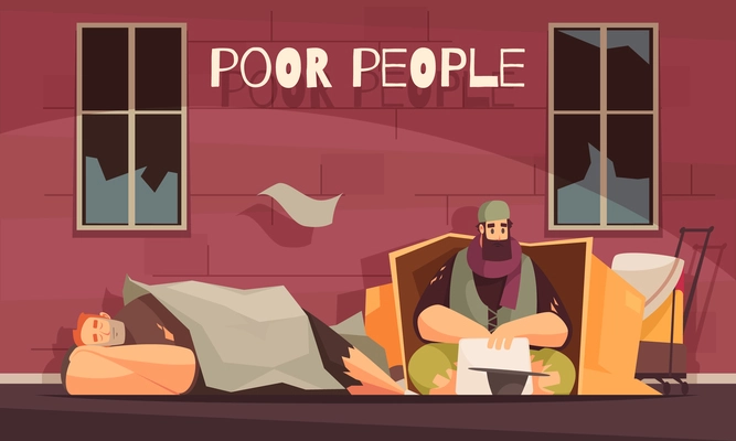 Poor people living in cardboard box outdoor begging for money flat banner with homeless men vector illustration