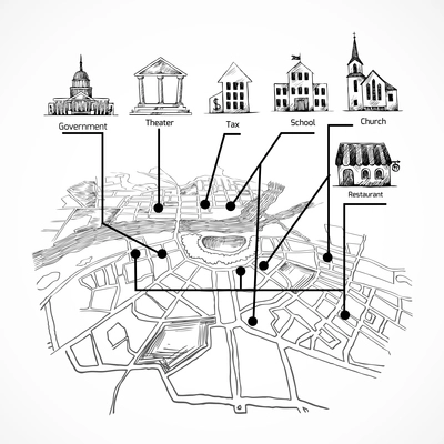 Information city map for travel navigation with buildings icons of  government theater tax school church restaurant vector illustration