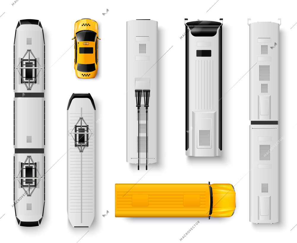 Public transport top view realistic icons set with bus taxi tram train isolated on white background vector illustration