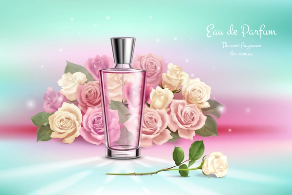 Realistic composition with  bouquet of roses perfume vial and advertising of new fragrance for woman vector illustration