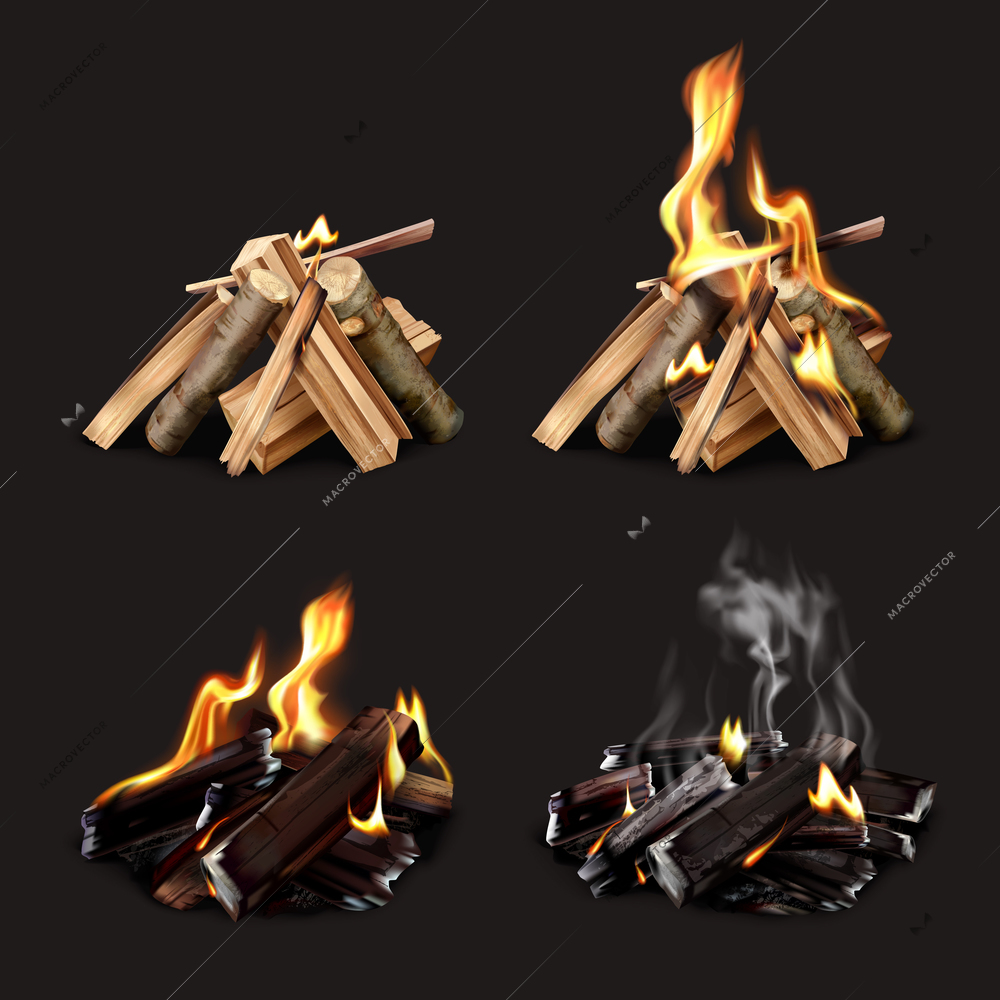 Campfire phases realistic set of four isolated images with bonfire at various points of burning vector illustration