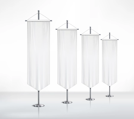 Monochrome composition with four isolated blanc pennants of different sizes  attached to metal pedestals standing on smooth surface realistic vector illustration