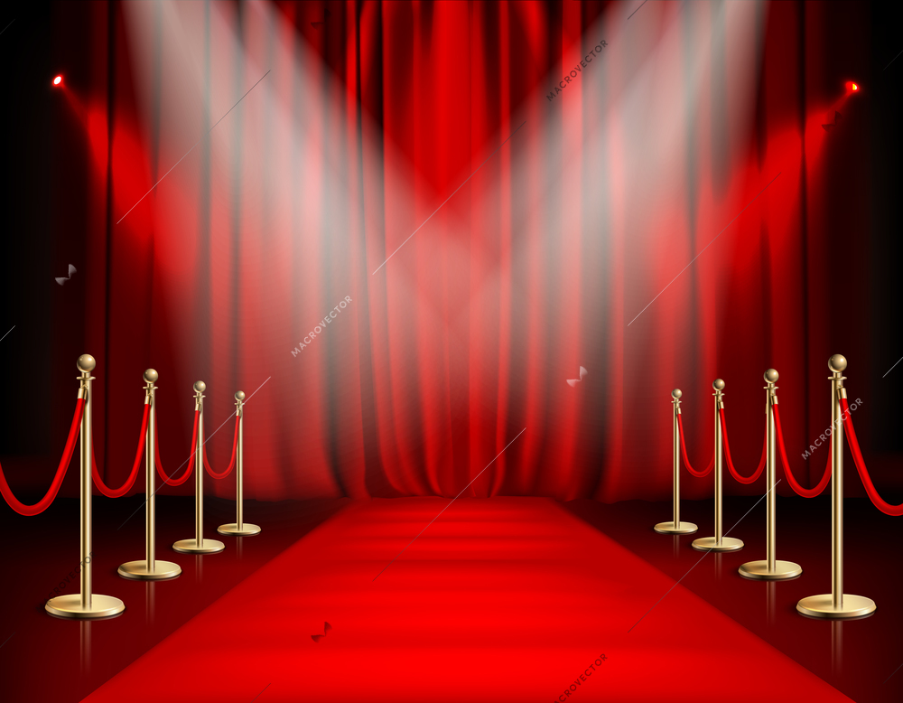 Awards show red background with carpet path golden barrier with rope on both sides and closed curtain realistic vector illustration