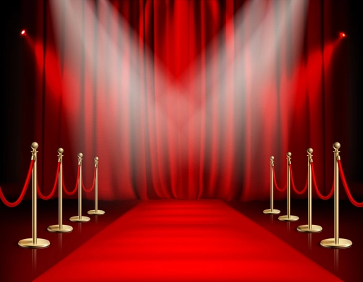 Awards show red background with carpet path golden barrier with rope on both sides and closed curtain realistic vector illustration