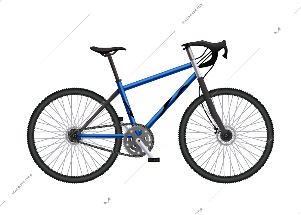 Realistic bicycle parts composition with isolated image of built-up mtb hardtail bike on blank background vector illustration