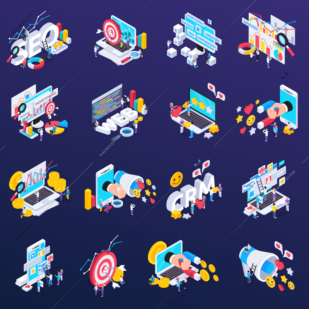 SEO icons set with content and analysis symbols isometric isolated vector illustration