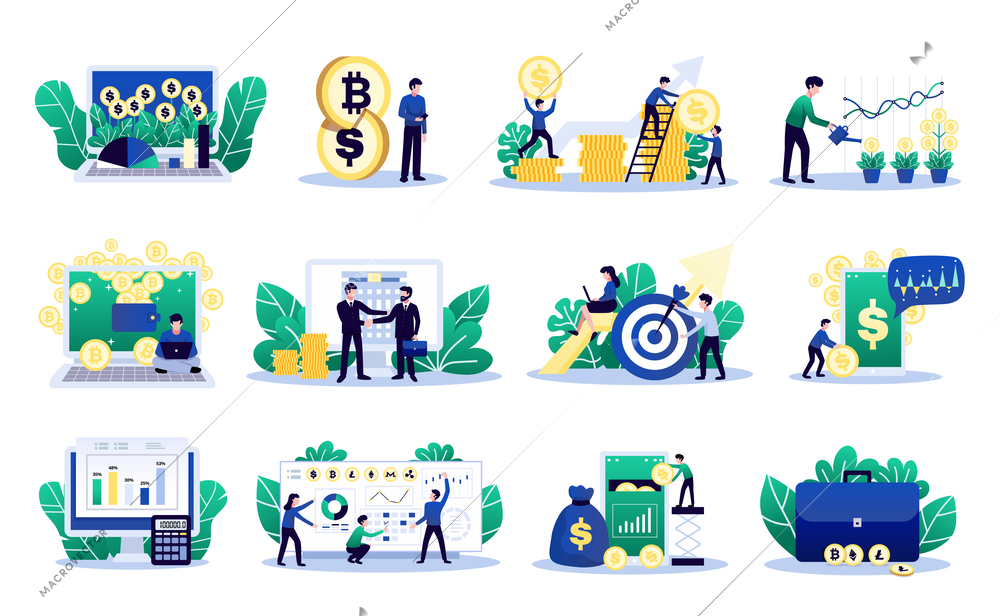 Digital investment set of isolated conceptual images with coins screens signs and symbols with human characters vector illustration