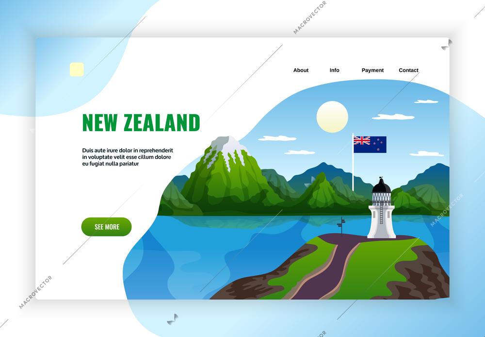 New zealand concept banner web site landing page design with images of wild landscape and lighthouse vector illustration