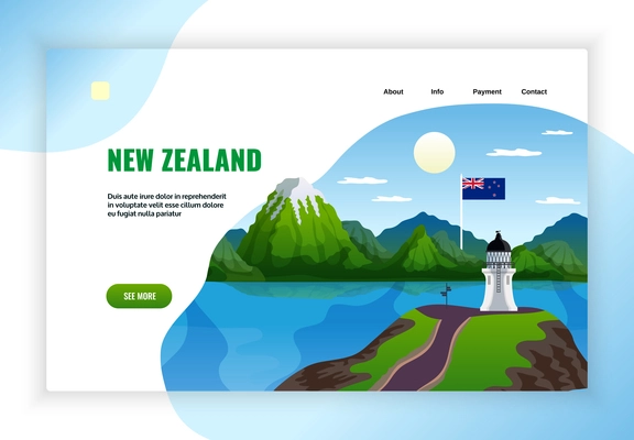 New zealand concept banner web site landing page design with images of wild landscape and lighthouse vector illustration