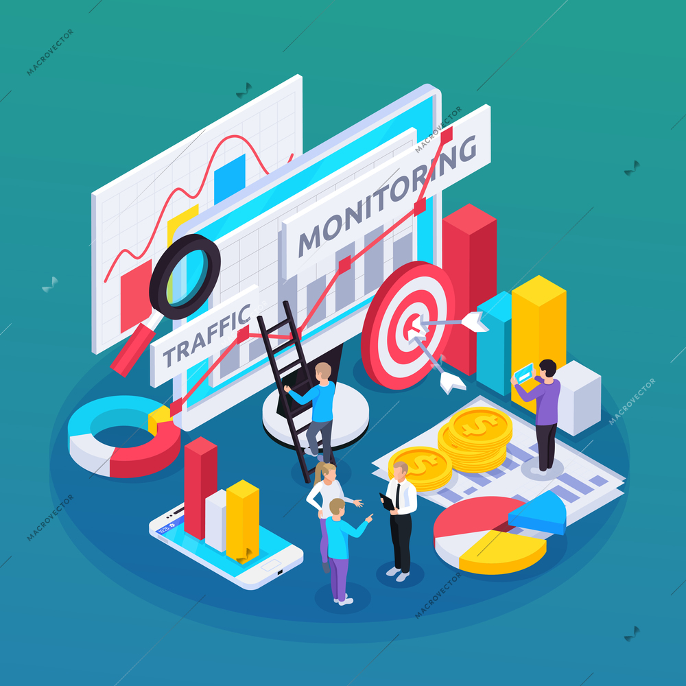 SEO monitoring isometric composition with idea and goal symbols  vector illustration