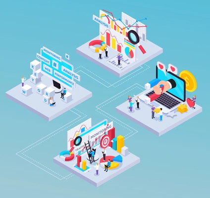 SEO isometric composition with content and analysis symbols vector illustration