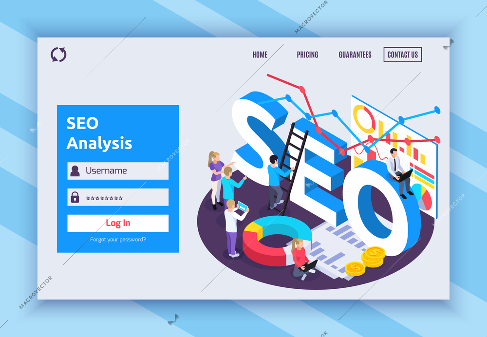 SEO isometric page design with price and guarantee symbols vector illustration