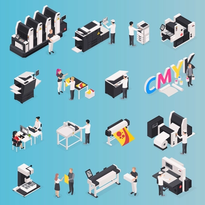 Printing house icons set with polygraphy symbols isometric isolated vector illustration