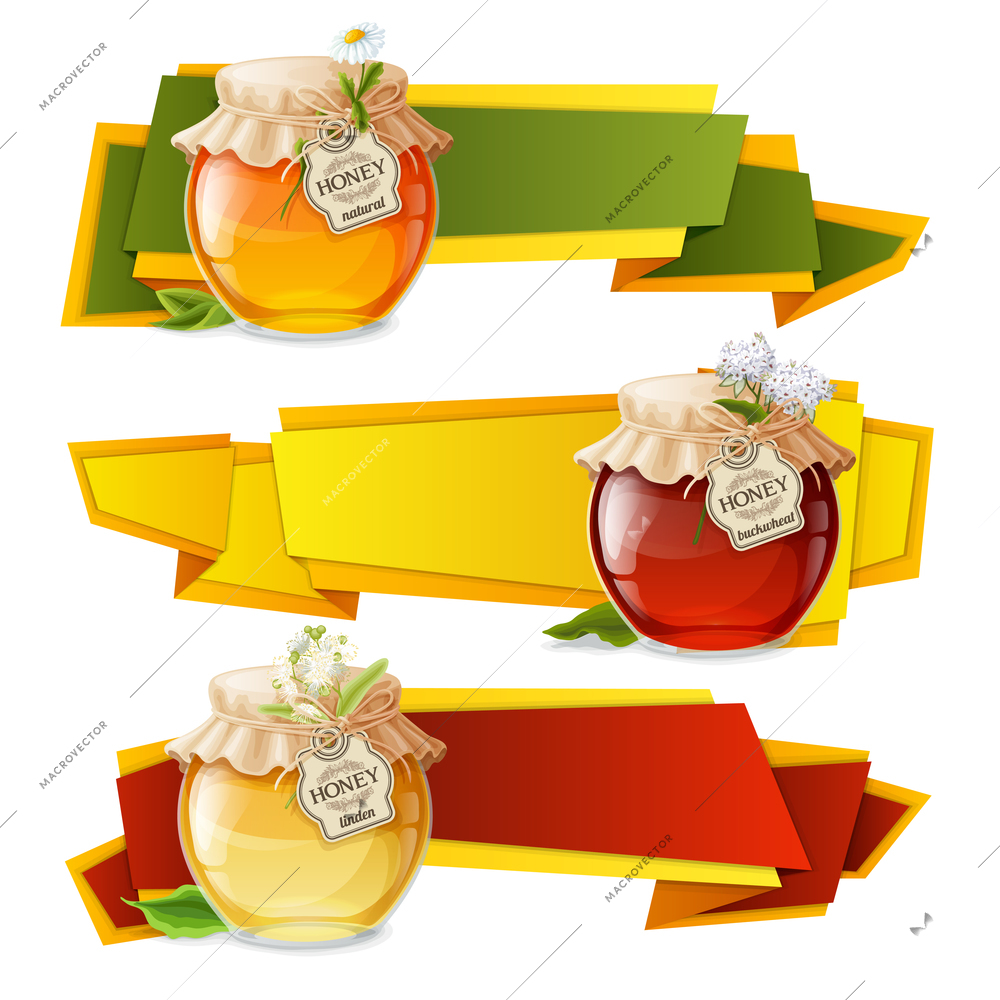 Natural sweet golden organic honey in glass jar origami horizontal banners set isolated vector illustration