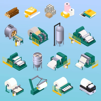 Paper production icons set with wood and press symbols isometric isolated vector illustration