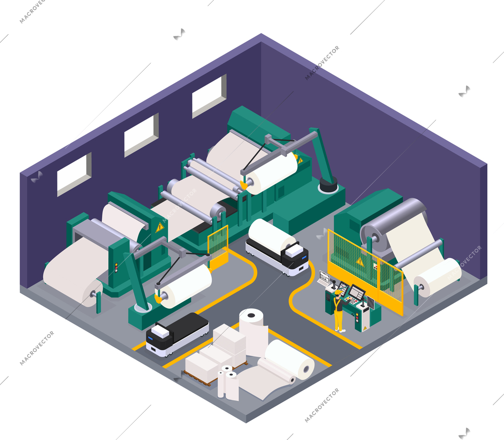 Paper production concept with books and toilet paper symbols isometric  vector illustration